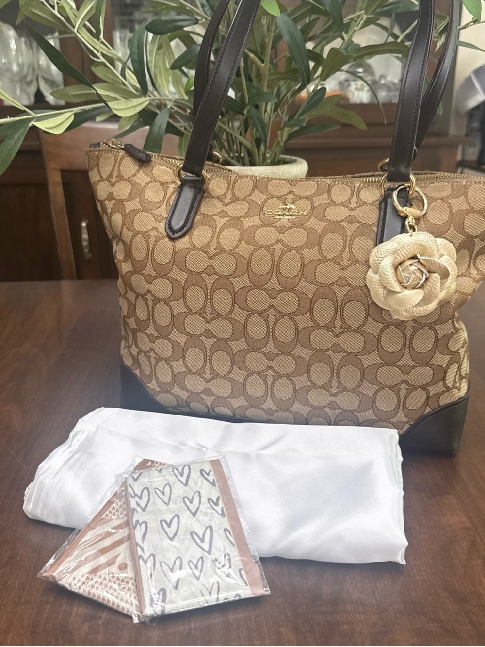 Coach Khaki and Saddle Signature Canvas Tote with Floral Charm